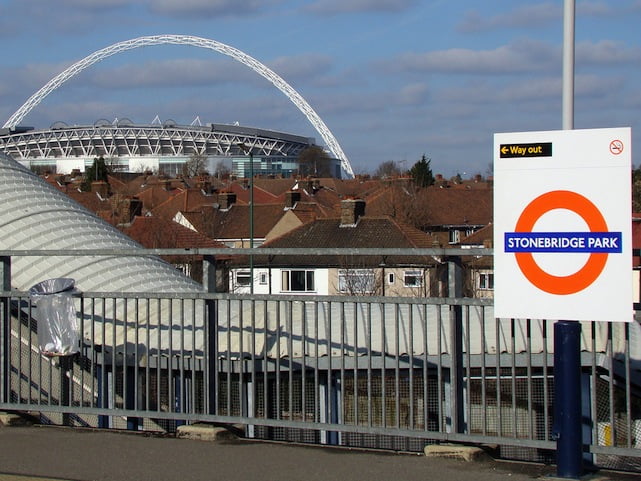 Stonebridge station with Wembley Stadium in backdrop